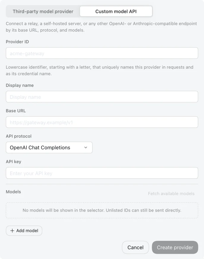 The DeepSeek Harness Custom model API form, with fields for provider ID, display name, base URL, API protocol set to OpenAI Chat Completions, API key, and an empty models list with an Add model button