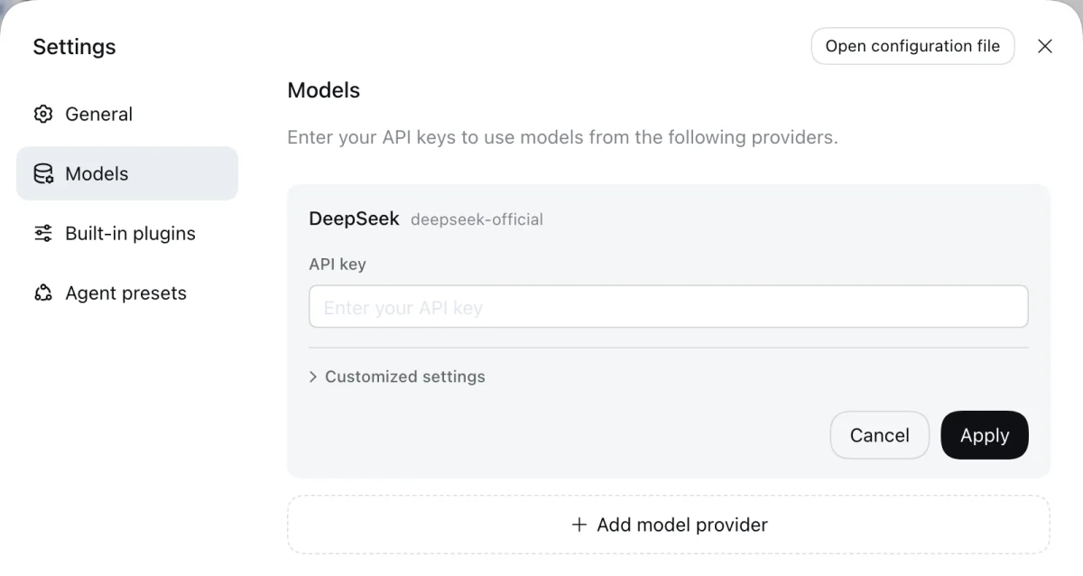 The DeepSeek Harness Settings window on the Models page, showing the DeepSeek provider card with an empty API key field, Cancel and Apply buttons, and an Add model provider button below