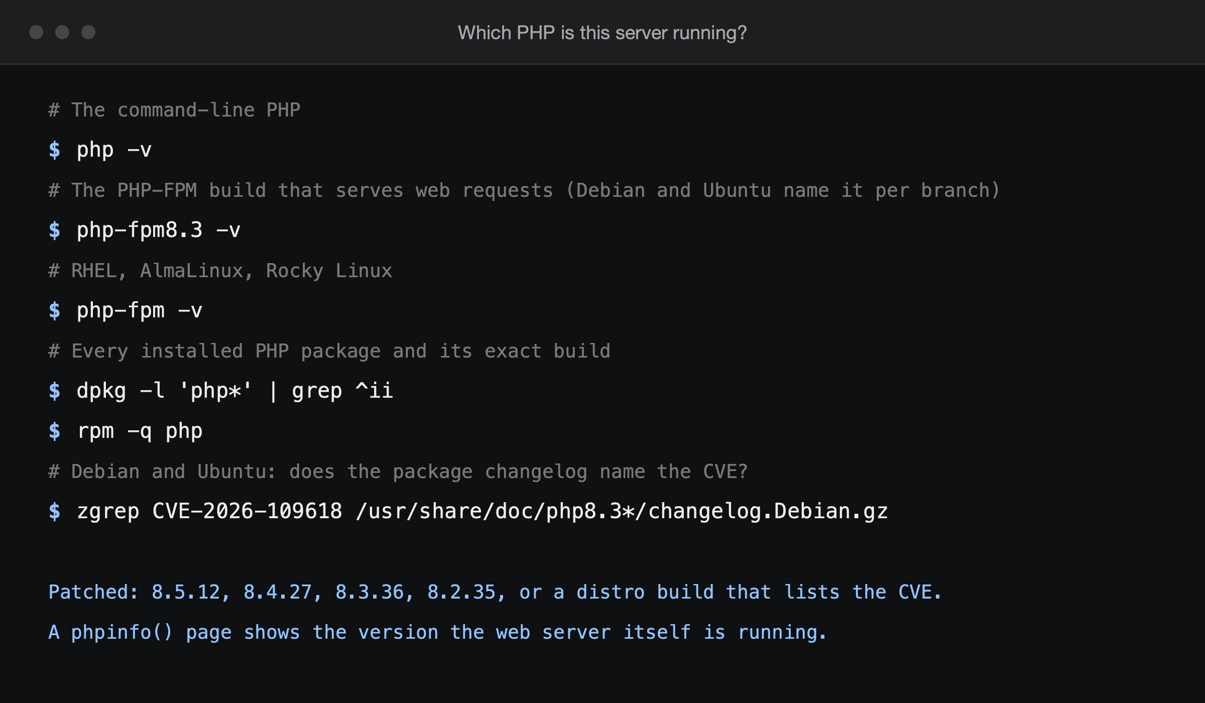 Terminal commands to check the PHP version: php -v for the command line, php-fpm8.3 -v or php-fpm -v for PHP-FPM, dpkg or rpm to list installed PHP packages, and zgrep on the Debian changelog to confirm the CVE fix